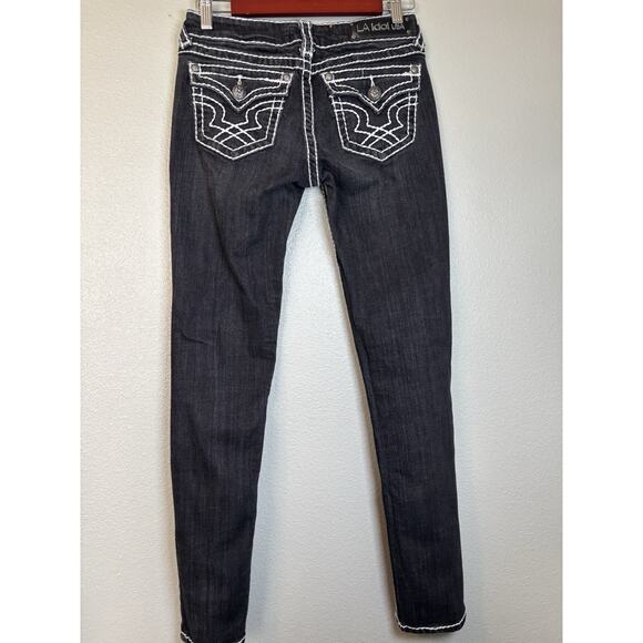 LA IDOL EMBELLISHED BLACK SKINNY JEANS SZ 5 Thick White Stitch Low Rise‎ - Picture 5 of 11